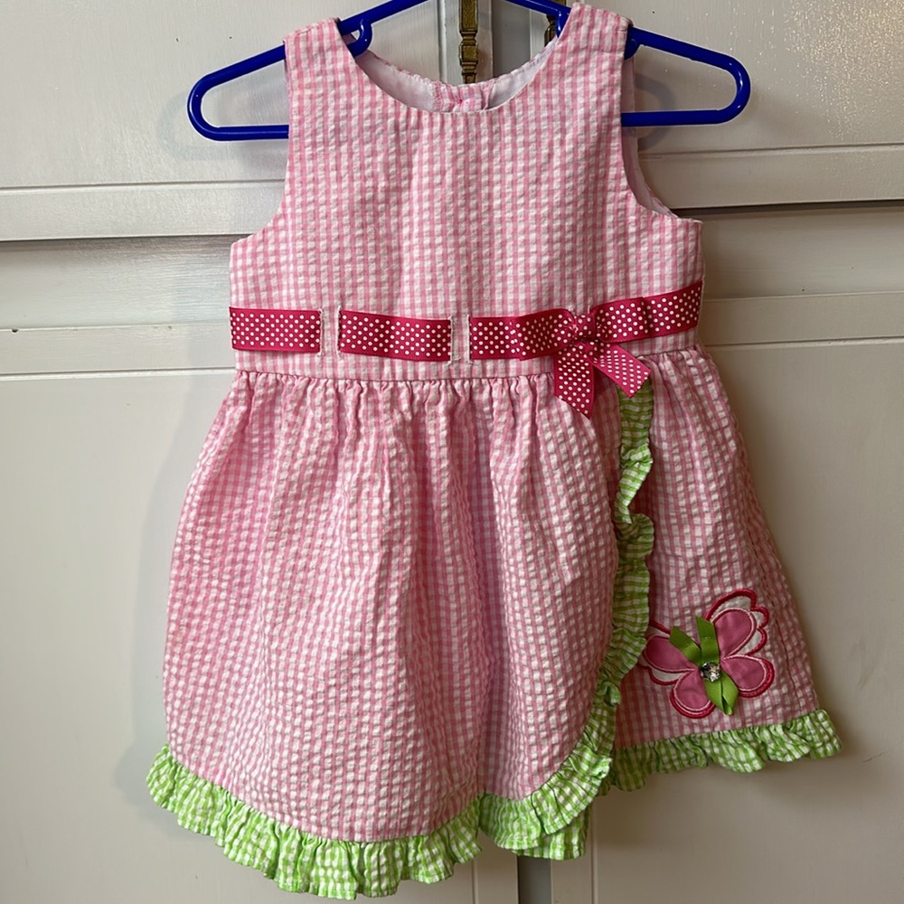 RARE EDITIONS RUFFLED GINGHAM SUNDRESS. Size 18M. Pink/White/lime green. VGUC.